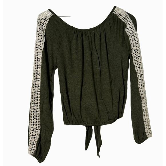 Paper + Tee Women’s Size Small Olive Green Crochet Long Sleeve Front Tie Top - Picture 2 of 11